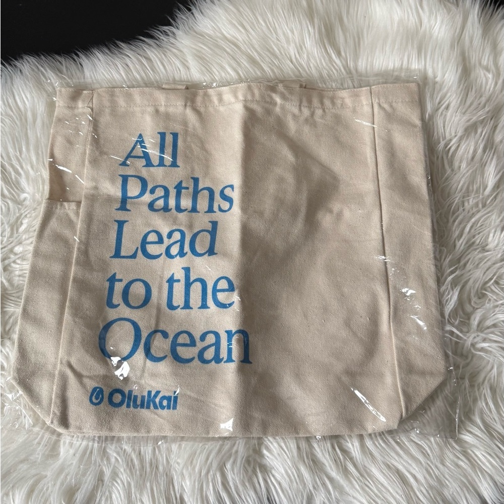 OluKai Beige Canvas Tote with Blue Print